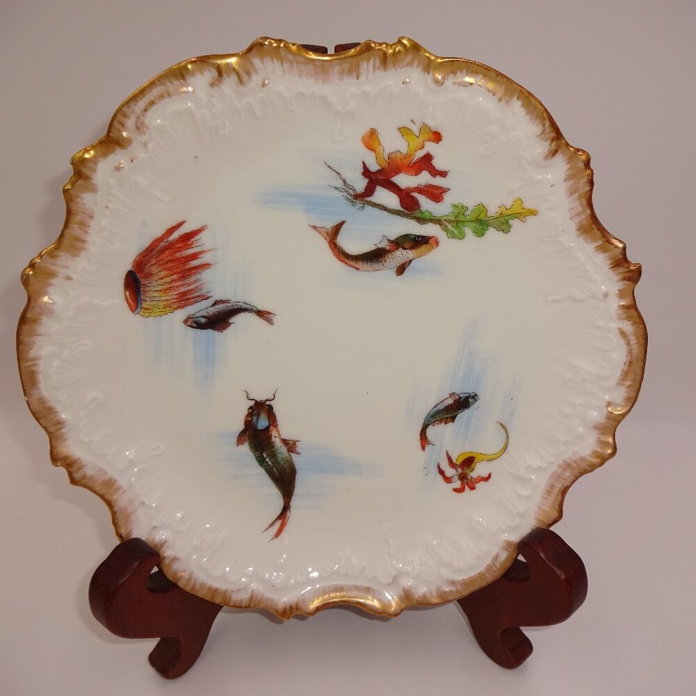 Antique Vintage AK Limoges A Klingenberg Fish Jellyfish 9" Plate Gold Rim France